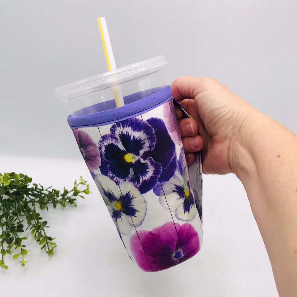 Drink Coozie w Handle Hot or Iced Drinks Cozy Insulated Pansies Purple